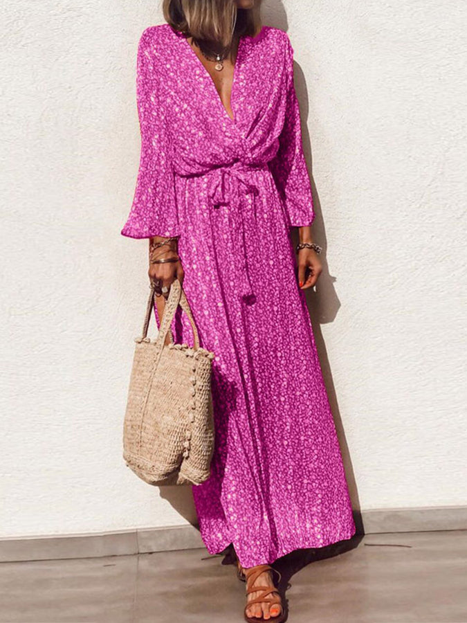 V Neck Long Sleeves Printed Maxi Dress
