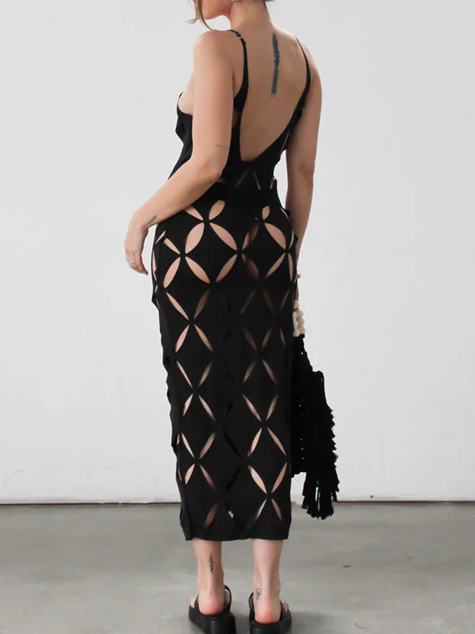Black Laser-cut Maxi Dress Cover-up and Black Bikini