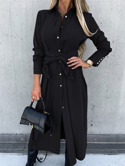 Shirt Collar Long Sleeves Buttoned Maxi Dress