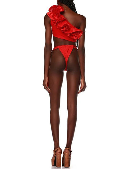 Red Flower Frilled One Shoulder Bikini Swimsuit and Skirt