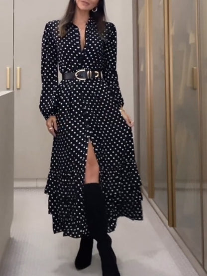 Black Polka Dots Printed Long Sleeves Cake Maxi Dress