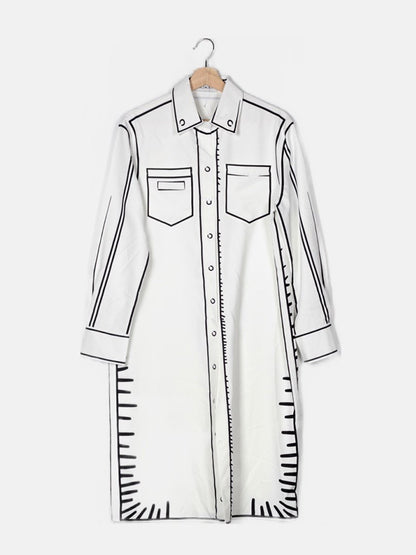White Long Sleeves Shirt Collar Loose Midi Dress