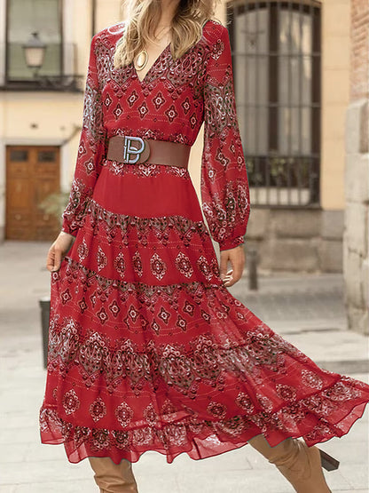 Long Sleeves Printed V Neck Maxi Dress