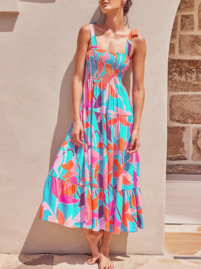 Leaves Printed Tie-shoulder Sleeveless Holiday Maxi Dress