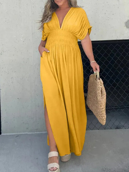V Neck Batwing Sleeves Elastic Waist Maxi Dress