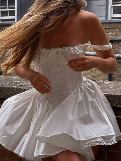 Resort Style French Lace-up Waist Pleated White Mini Dress