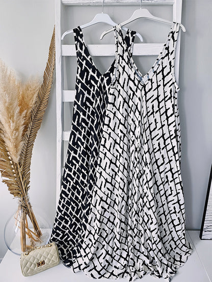 V Neck Geometric Printed Sleeveless Maxi Dress