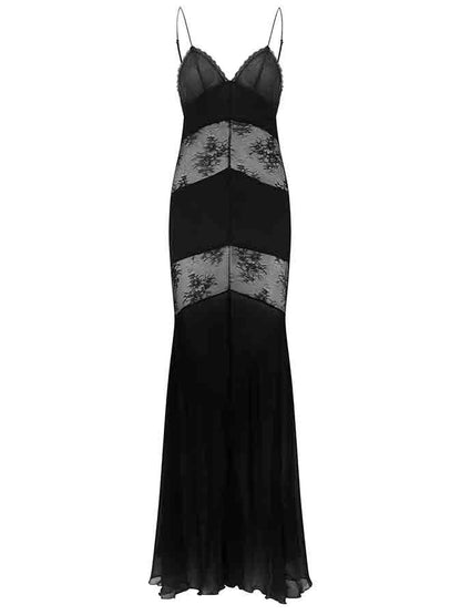 Black Lace Panled See-through Maxi Dress