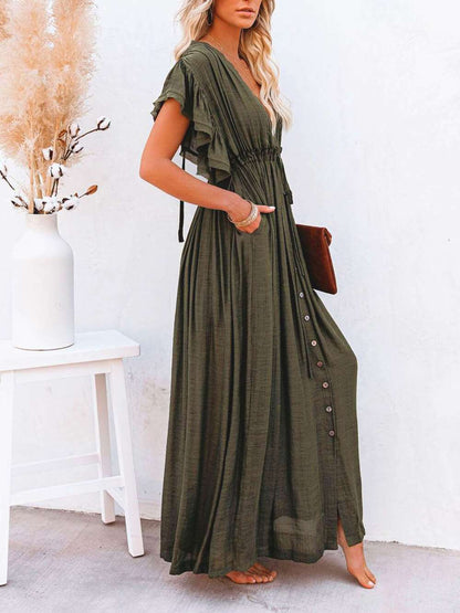 Button Cotton Linen Perfect Beach Maxi Dress