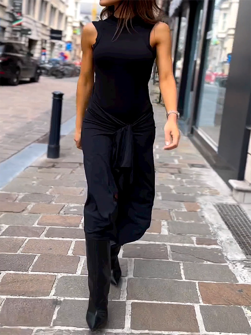 Round Neck Sleeveless Tie Color Dress
