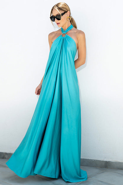 Satin Maxi Long Dress: Backless Halter Neck