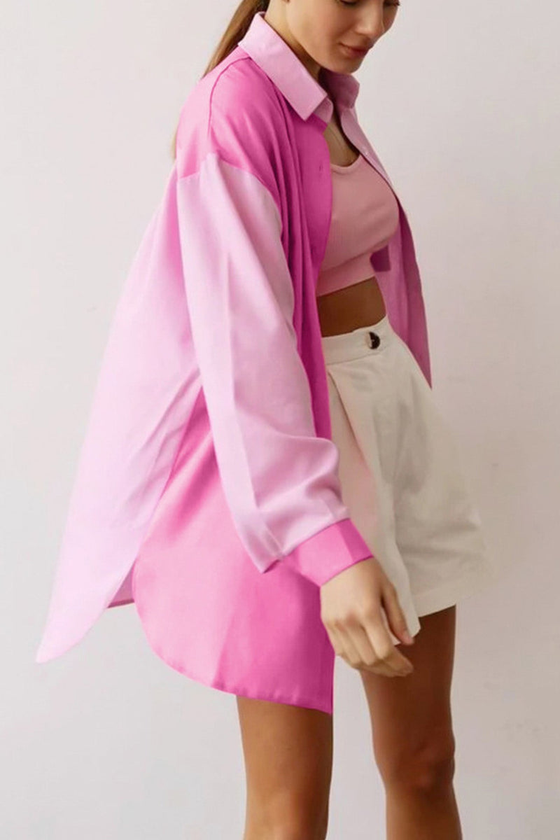 Pink Lapel Pocket Button-up Long Sleeve Blouse