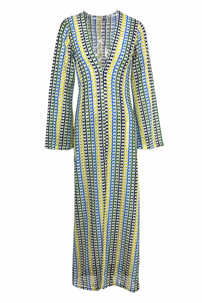 V Neck Bell Sleeve Wavy Striped Crochet Beach Vacation Maxi Dress