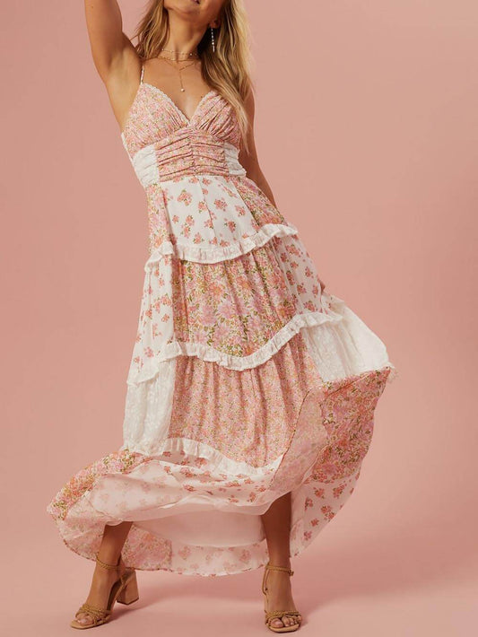 Retro Print Patchwork Maxi Dress