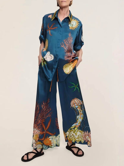 Classic Modern Feeling Unique Satin Ocean Animal Print Button Down Oversized Blouse