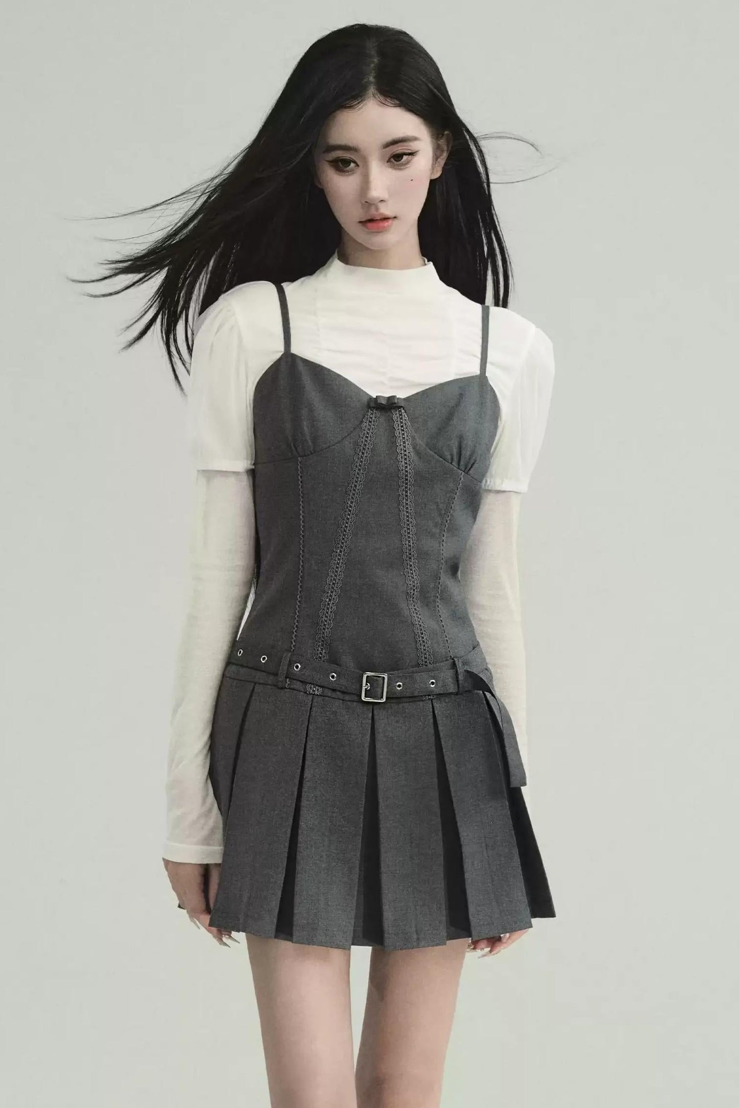 Professional Grey Blazer and Pleated Mini Dress Set