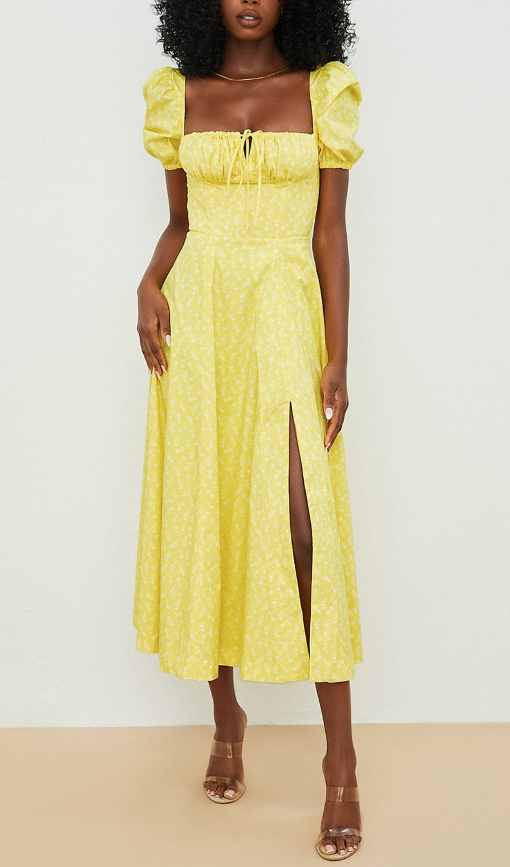Puff Sleeve Midi Dress in Yellow