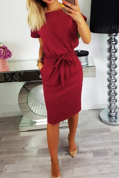 O Neck Midi Dress With Belt