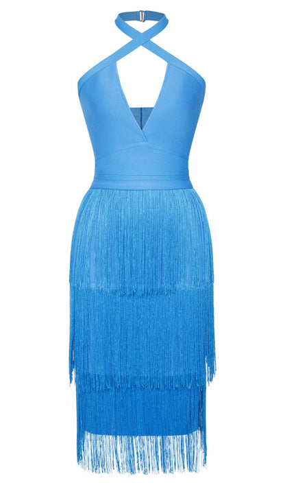 Tassel Halter Banage Midi Dress in Pure Blue