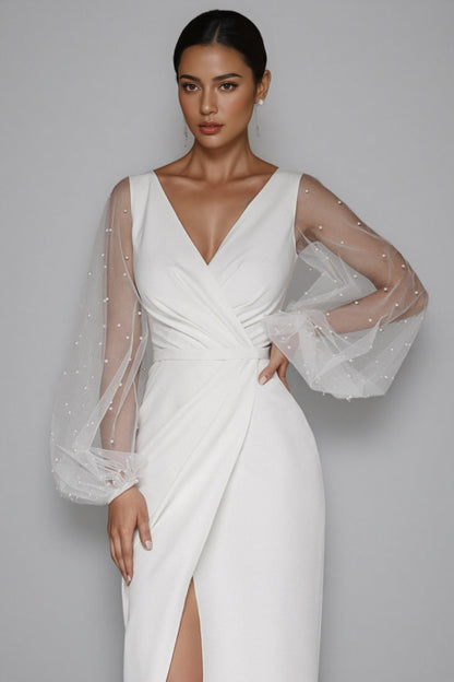 Carlotta White Deep V-neck Slit Maxi Dress
