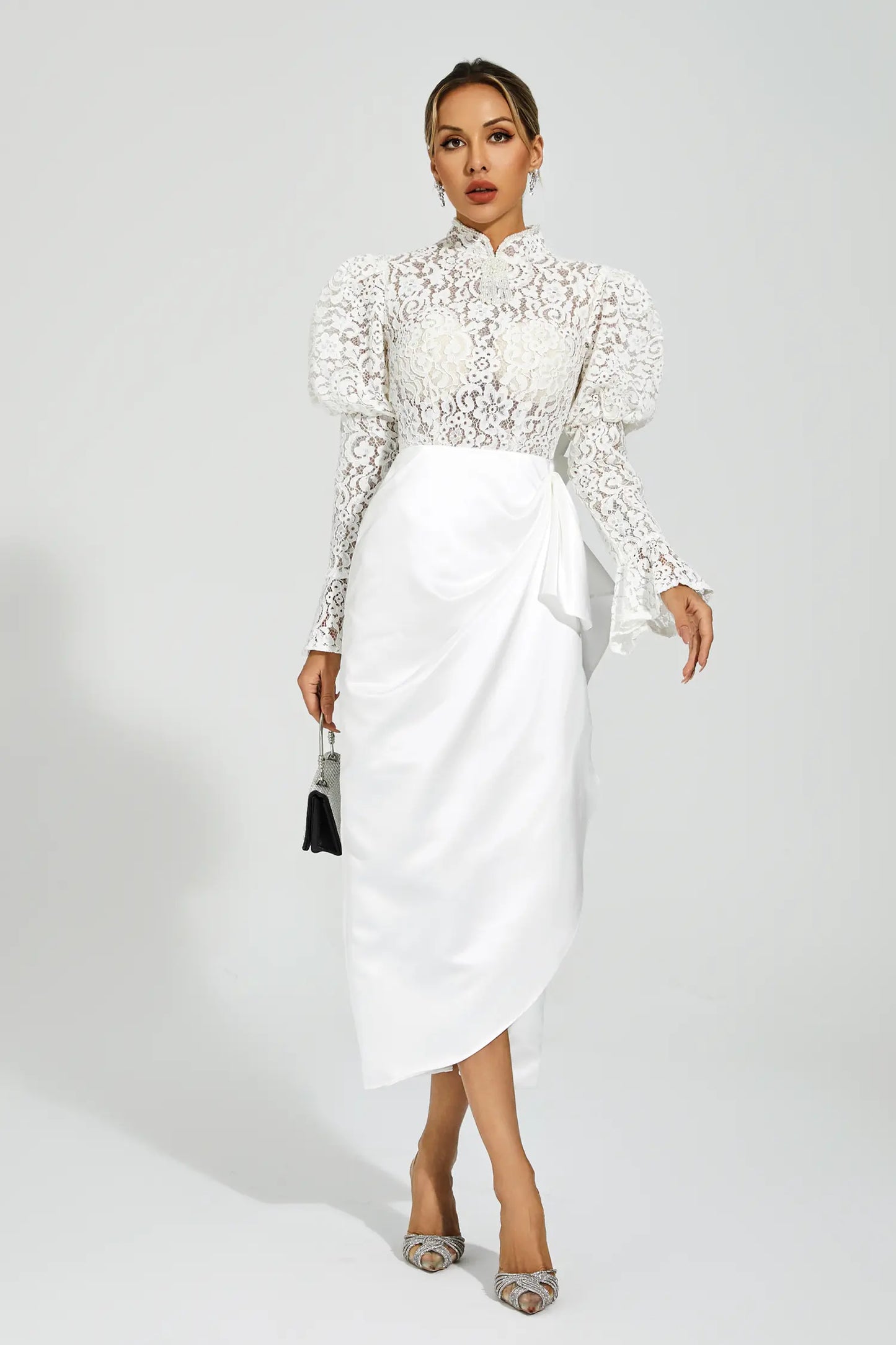 Kailey White Lace Bubble Sleeve Midi Dress
