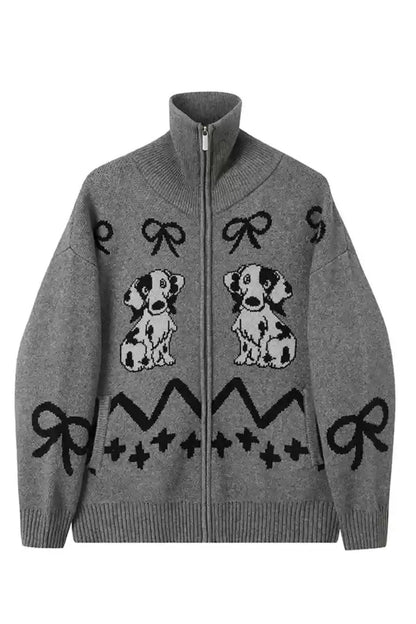 Puppy Pattern Zip Cardigan - Knit Bow Jacquard Sweater