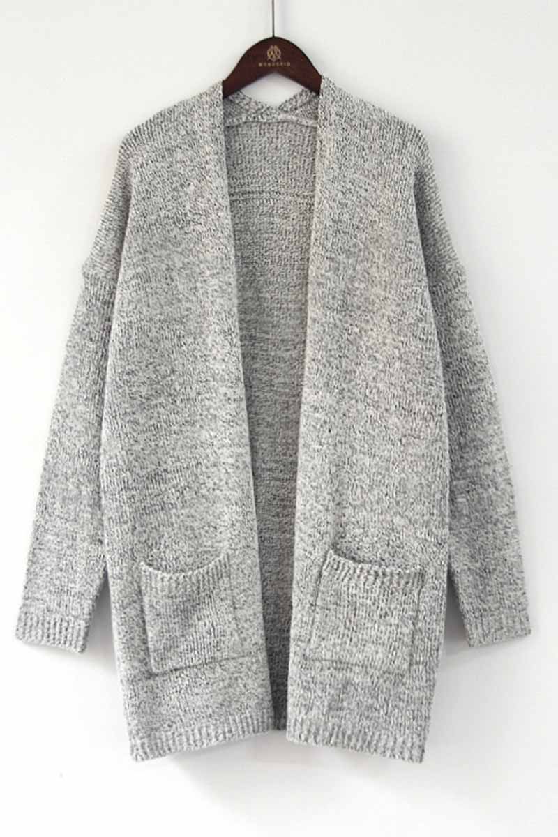 Color Knitted Cardigan With Large Pockets