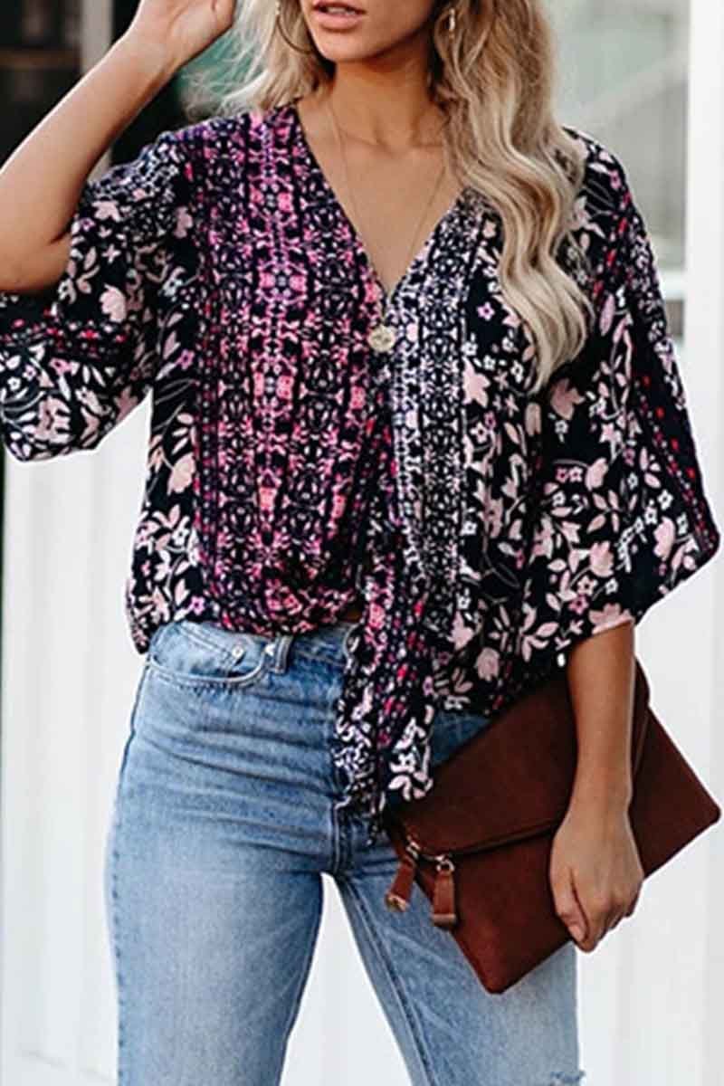 V-neck Printed Knotted Blouse Top