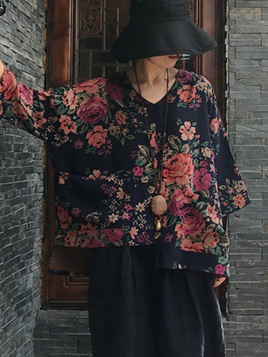 V-neck Long Sleeve Cotton Blouse Shirt Oo1030
