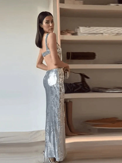 Sequins Backless Slit Sling Maxi Dress