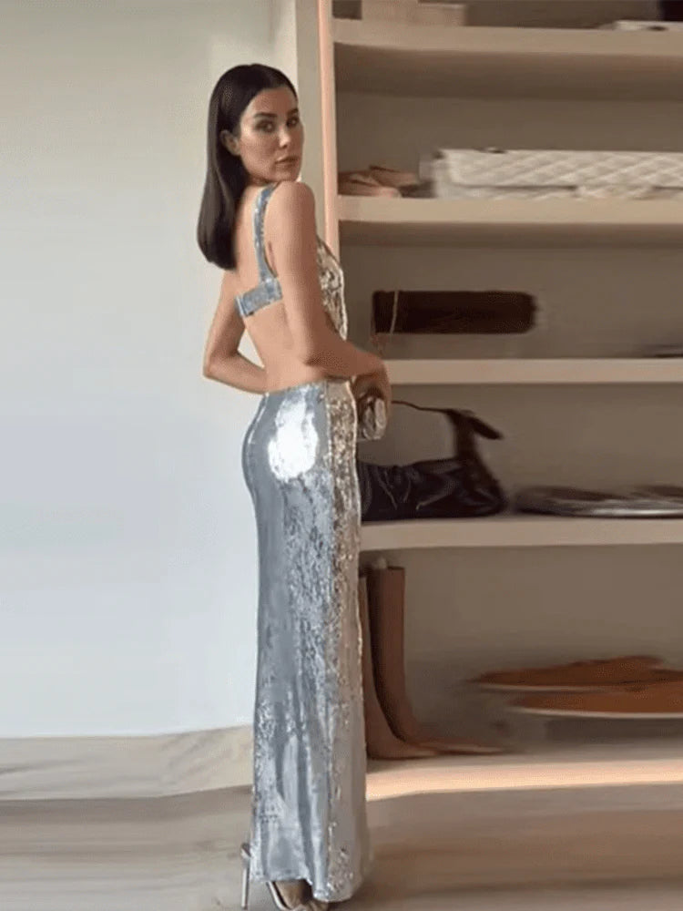 Sequins Backless Slit Sling Maxi Dress