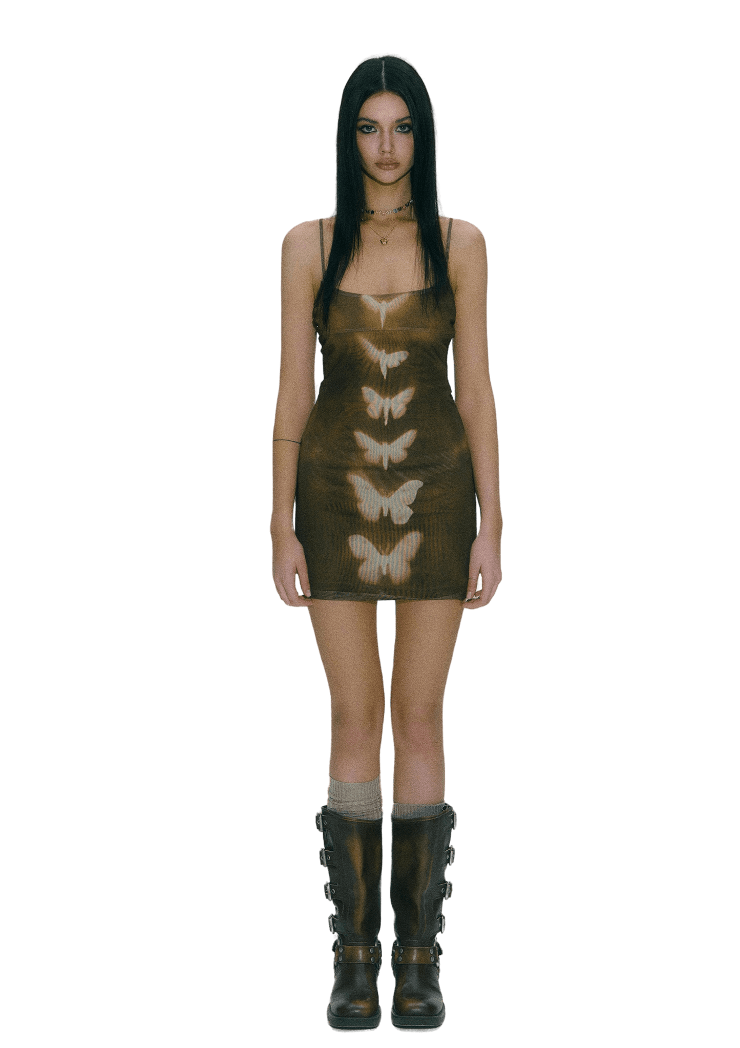 Double-layer Mesh Butterfly Printed Slip Dress