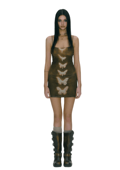 Double-layer Mesh Butterfly Printed Slip Dress