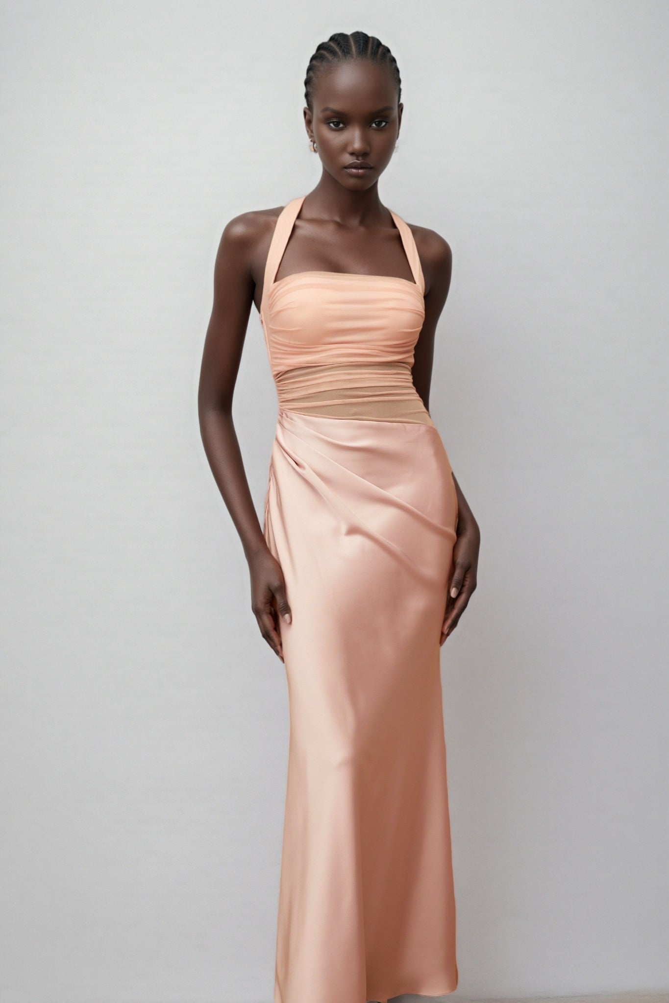 Devin Pink Mesh Panel Ruched Maxi Dress
