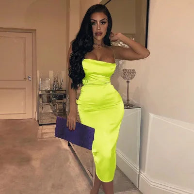 Summer Long Satin Backless Hollow Out Midi Dresses