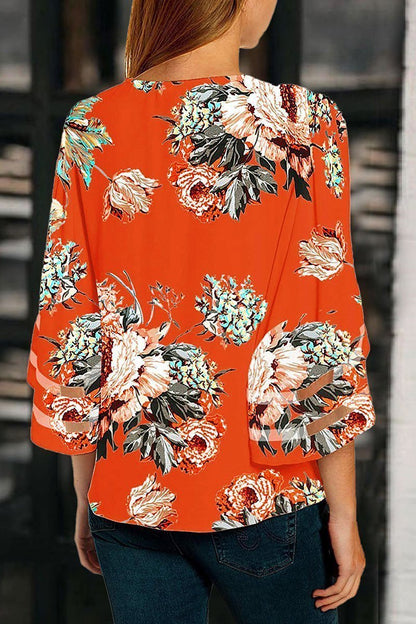 V Neck Printed Hollow-out Blouse