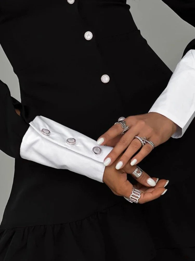 High Waist ’s Evening Dress Retro Splice Long Sleeve Turn Collar Folds Mini Dress Woman Party Wedding Dresses