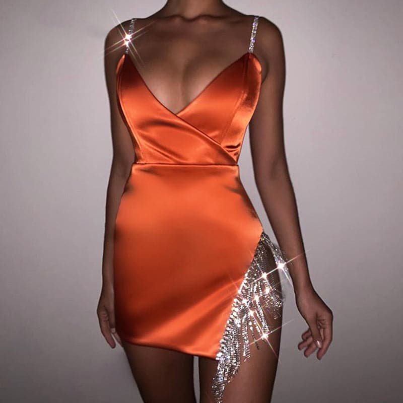 Satin Dress Glitter Diamond Club Party Mini Dresses