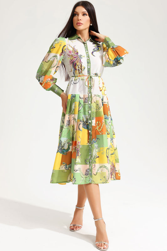 Printed Long Sleeve Lapel Lace Up Midi Dress