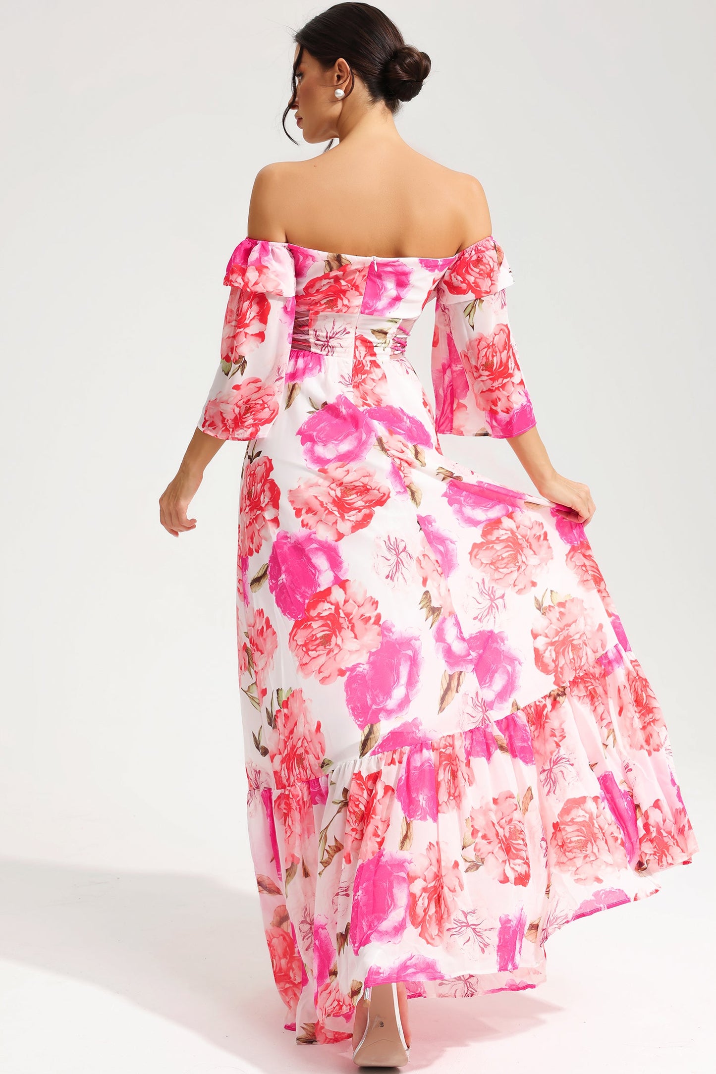 Off-shoulder Cut Out Lace Up Maxi Dress Red