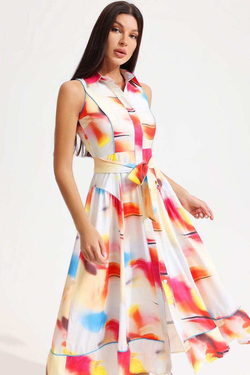 Printed Sleeveless Lapel Lace Up Midi Dress