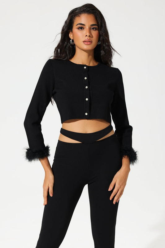 Long Sleeve Crew Collar Cardigan Black