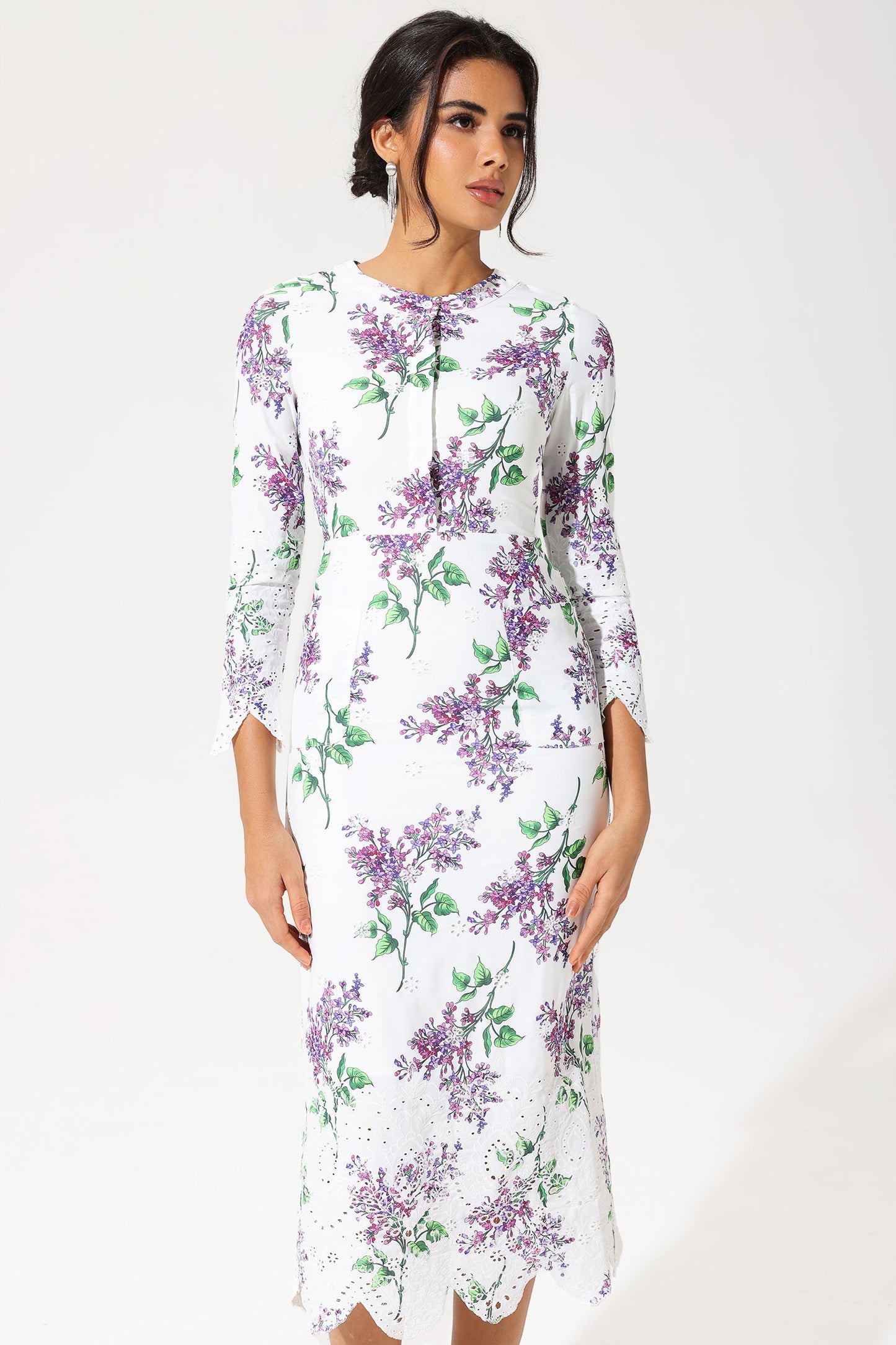Long Sleeve Crew Collar Broderie Anglaise Maxi Dress