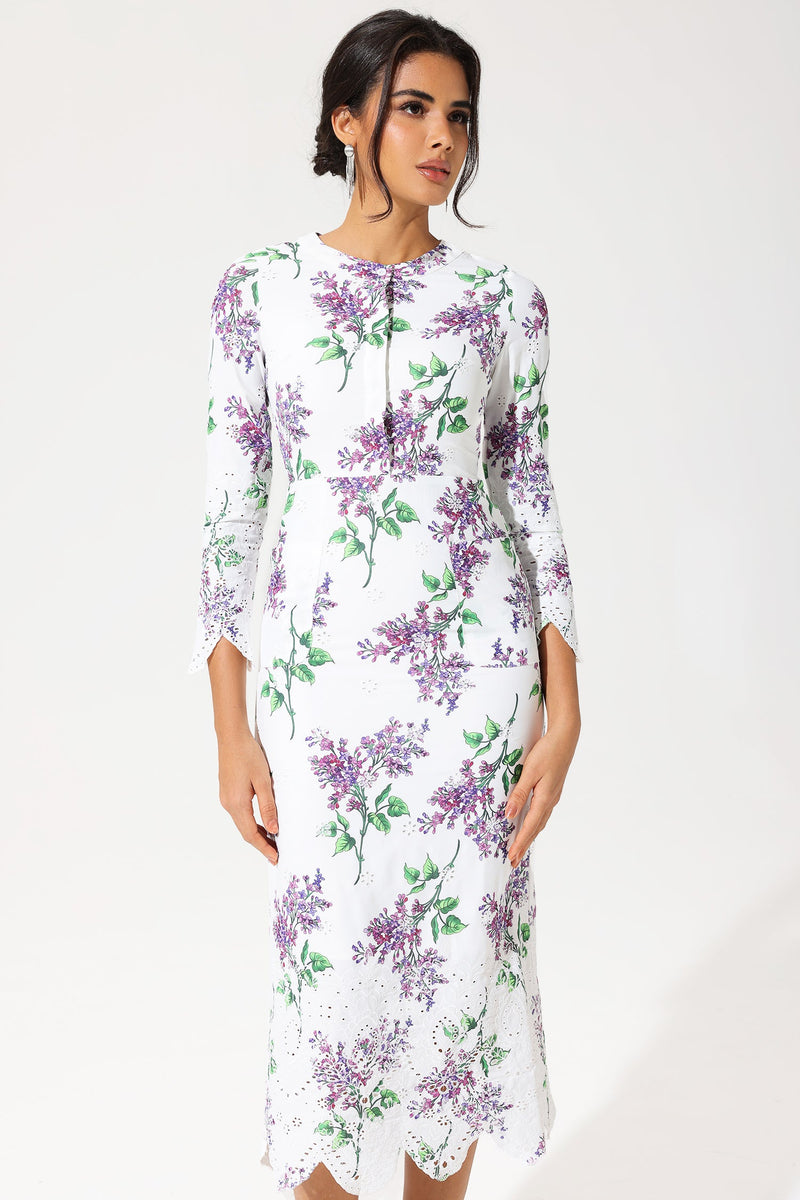 Long Sleeve Crew Collar Broderie Anglaise Maxi Dress