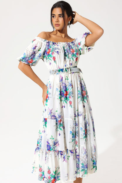 Puff Sleeve Off-shoulder Ruffle Hem Maxi Dress