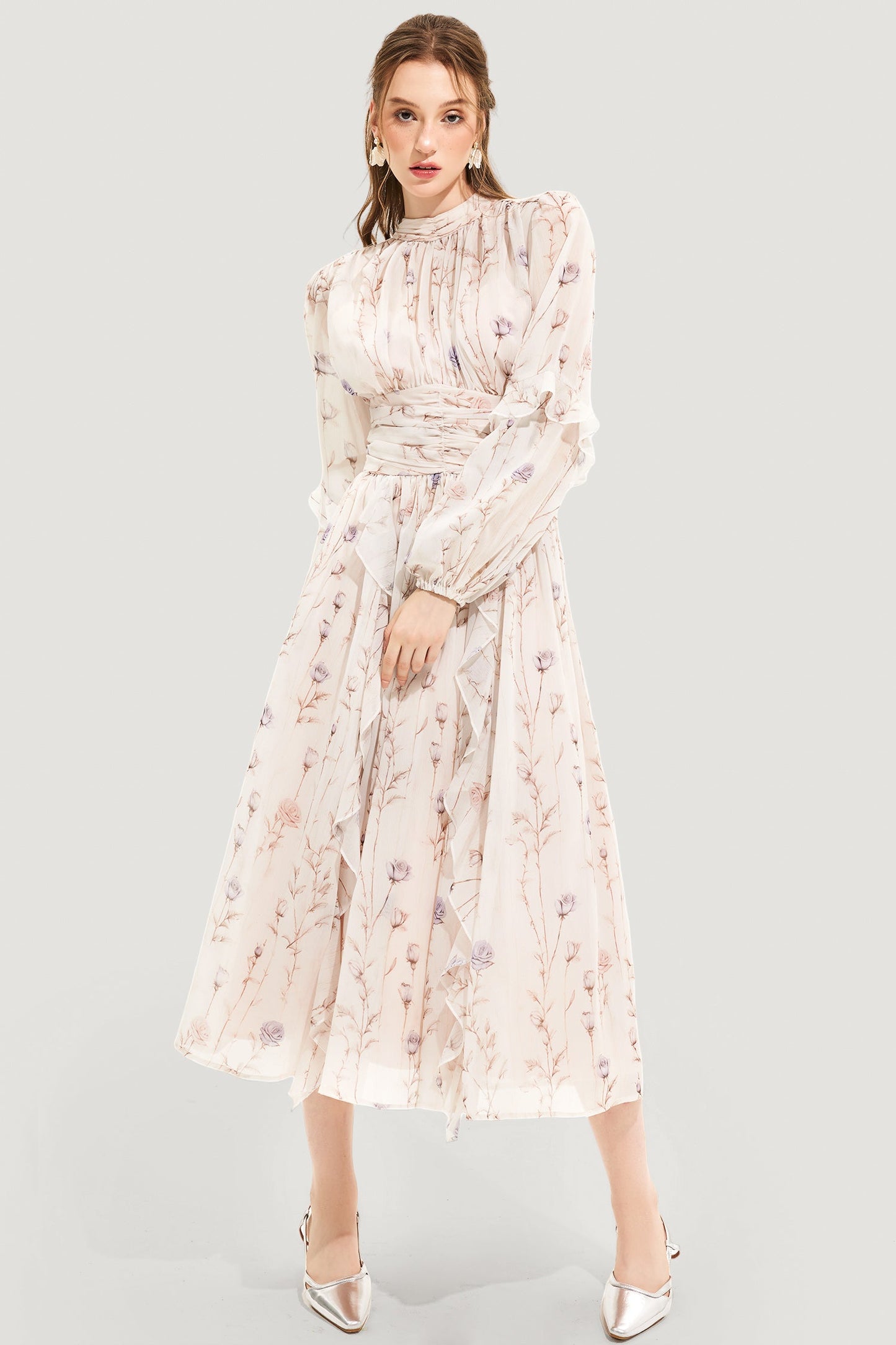 Round Neck Puff Sleeve Midi Dress