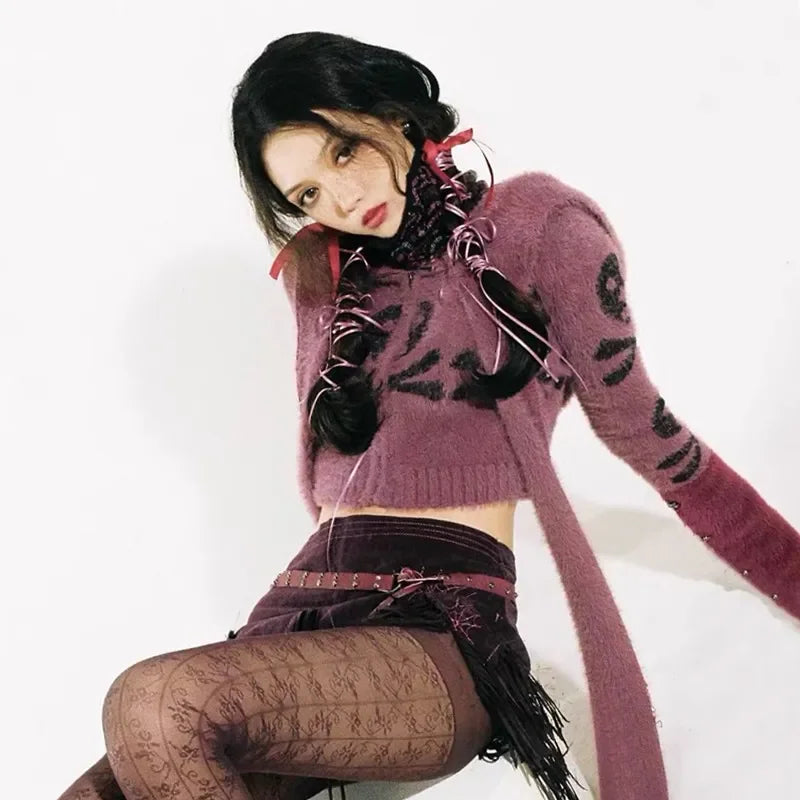 Gothic Skull Embroidery Punk Style Grunge Aesthetics Cropped Hooded Knitted Cardigan