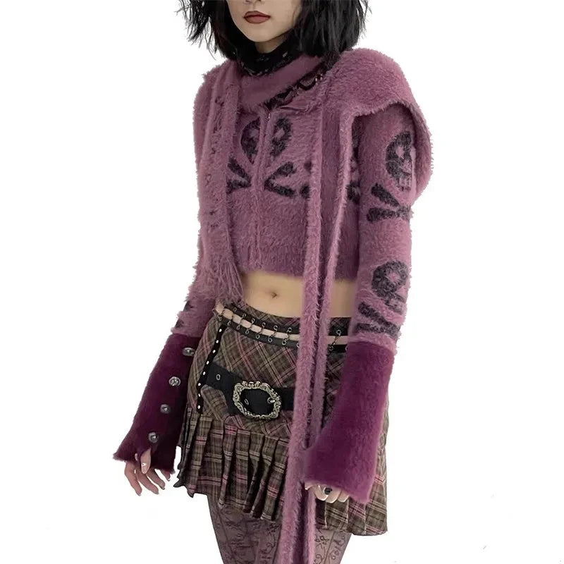 Gothic Skull Embroidery Punk Style Grunge Aesthetics Cropped Hooded Knitted Cardigan