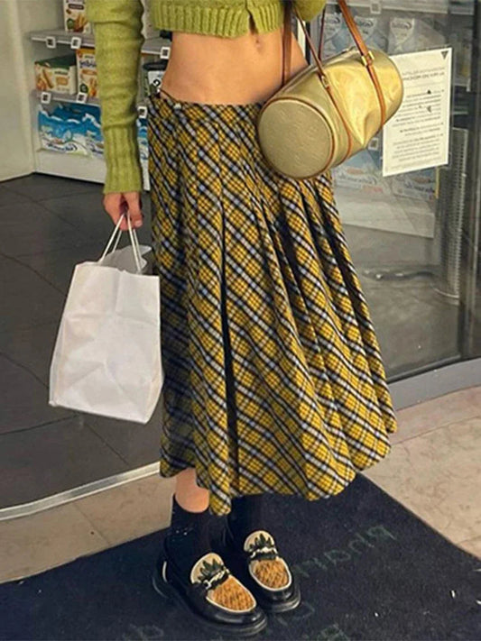 Dressbetty - Houndstooth Pleated Loose Retro Maxi Skirt