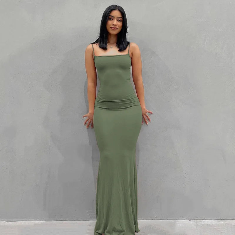 Summer Spaghetti Strap Black Skims Sleeveless Maxi Dress